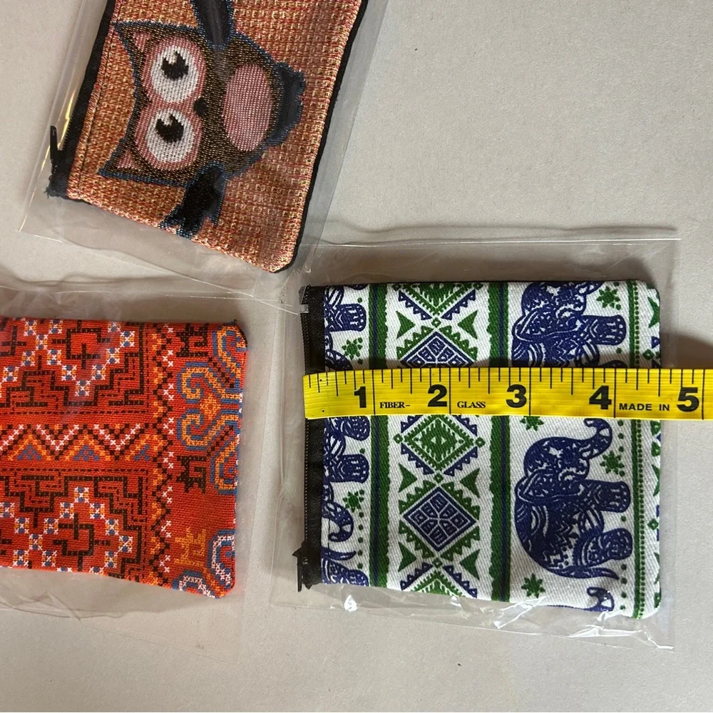 Set of Three Patterned Coin Pouches NIB handmade elephant owls geometric